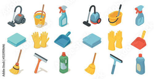 Cleaning essentials isometric icons set – household, janitorial, sanitation symbols