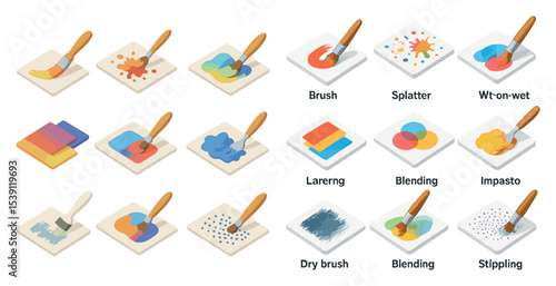 Painting techniques isometric icons set – art, brush, creative process symbols