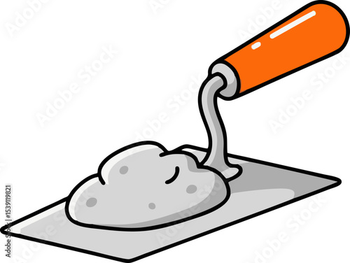 Cartoon Trowel with Orange Handle and Gray Mortar, Black Outline