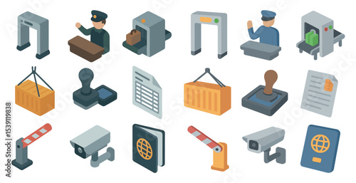 Airport security isometric icons set – 3d, surveillance, checkpoint symbols