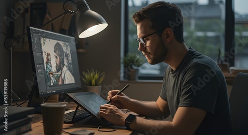 Focused Graphic Designer Working on Digital Art Using Tablet and Computer