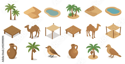Desert and oasis icons set – isometric, filled, sahara and camel graphics collection