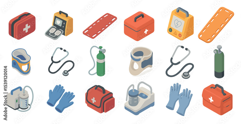 Obraz premium Medical and emergency isometric icons set – health, first aid, safety symbols