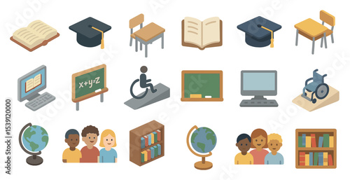 Educational and school flat icons set – learning, academic, classroom graphics