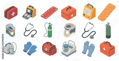 Medical and emergency isometric icons set – health, first aid, safety symbols
