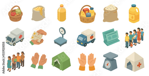 Humanitarian aid isometric icons set – relief, donation, support symbols