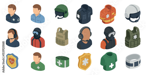 Emergency services isometric icons set – 3d, rescue, first responder symbols