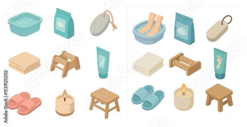 Home spa and relaxation icons set – isometric, wellness, self-care visuals