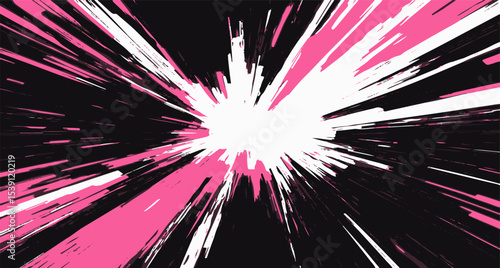 Bold and energetic abstract anime background, with sharp streaks of pink, white, and black radiating from the center, creating a sense of speed and striking motion.