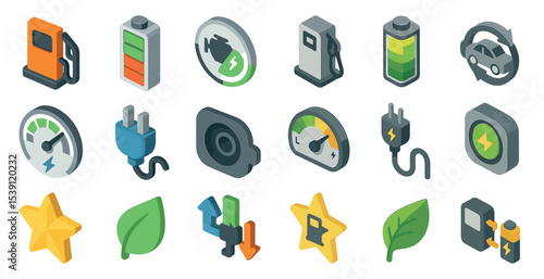 Electric vehicle isometric icons set – 3d, energy, eco-friendly symbols