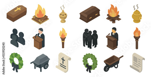 Funeral and memorial isometric icons set – 3d, filled, remembrance and ceremony symbols