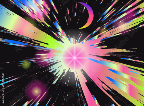 Vibrant abstract illustration in vaporwave style, featuring dynamic, sharp black streaks radiating from a bright pink, yellow, and blue center, giving a sense of energetic motion.