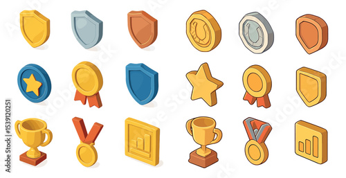 Awards and achievements icons set – isometric, 3d, trophy and medal symbols
