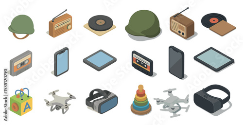 Retro technology isometric icons set – vintage, gadgets, devices collection