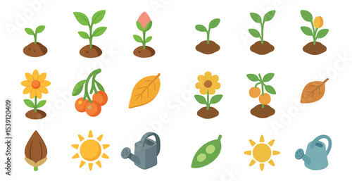 Gardening and plants icons set – flat, filled, nature and horticulture symbols