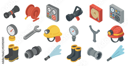 Firefighter equipment isometric icons set – flat, safety, emergency response symbols