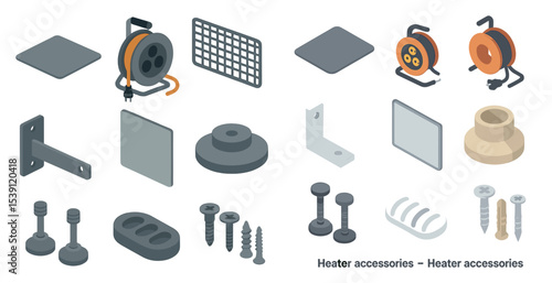 Hardware and accessories isometric icons set – tools, equipment, repair symbols
