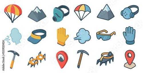 Travel and exploration outline icons set – filled, adventure, journey symbols