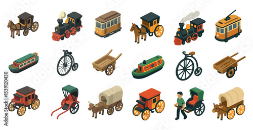 Vintage transportation isometric icons set – historic, classic, retro vehicles symbols