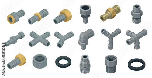 Industrial pipes and fittings icons set – isometric, plumbing, connector symbols