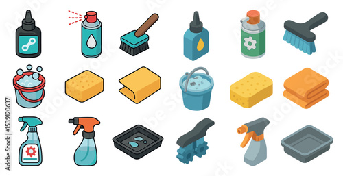 Cleaning and maintenance icons set – isometric, tools, hygiene and sanitation symbols