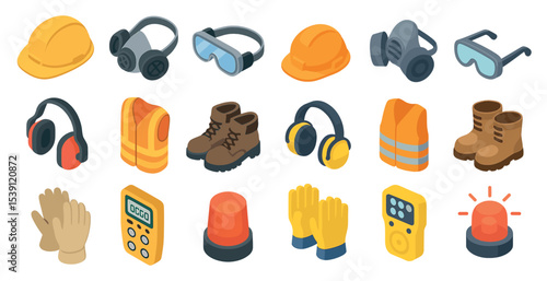 Construction safety isometric icons set – 3d, protective, equipment symbols