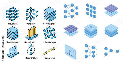 Neural network icons set – 3d, outline, ai and machine learning symbols