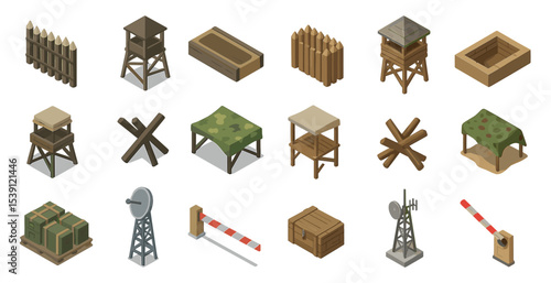 Military and defense icons set – isometric, tactical, warfare strategy symbols