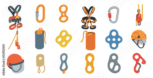 Climbing gear icons set – isometric, flat, mountaineering and safety symbols