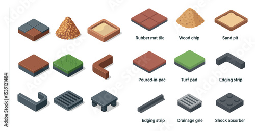 Playground surfaces isometric icons set – 3d, turf, safety and flooring visuals