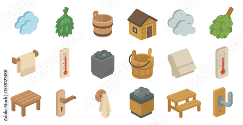 Sauna and wellness icons set – isometric, relaxing, spa and bathhouse designs