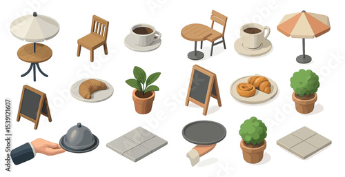 Cafe and restaurant isometric icons set – 3d, flat, dining and culinary symbols