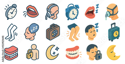 Sleep and dream icons set – isometric, restful, bedtime symbols for relaxation