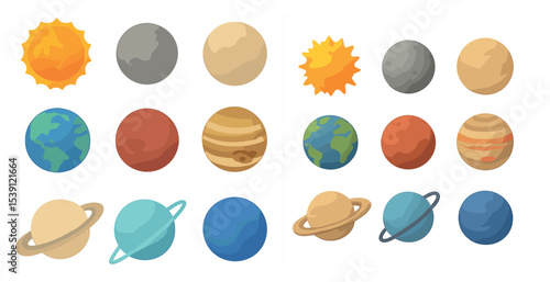 Planetary symbol flat icons set – space, celestial, astronomy graphics