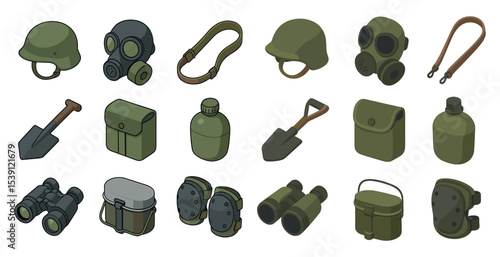Military equipment isometric icons set – camouflage, army, tactical gear visuals