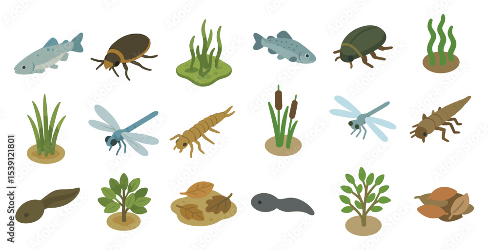 Fototapeta premium Nature and wildlife isometric icons set – plants, insects, aquatic life symbols