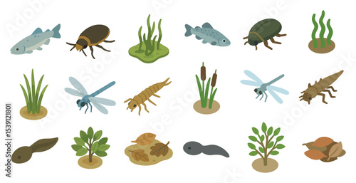 Nature and wildlife isometric icons set – plants, insects, aquatic life symbols