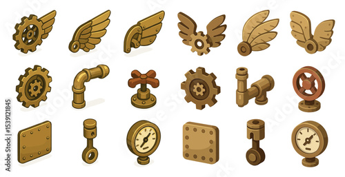 Steampunk mechanical icons set – isometric, gears, cogs, industrial symbols