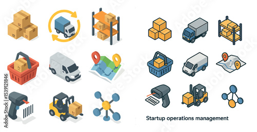 Logistics and delivery isometric icons set – 3d, supply chain, transportation symbols