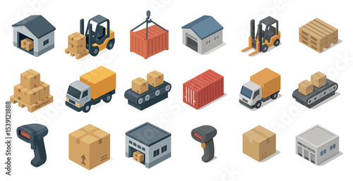 Logistics and shipping isometric icons set – warehouse, delivery, supply chain symbols