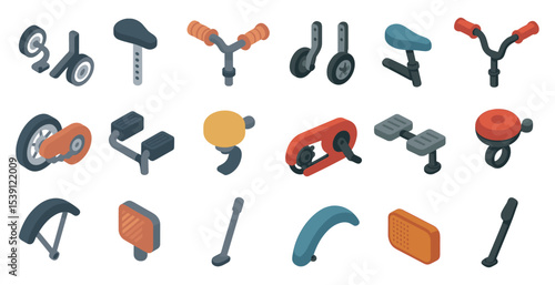 Bicycle parts isometric icons set – 3d, cycling, repair and maintenance symbols