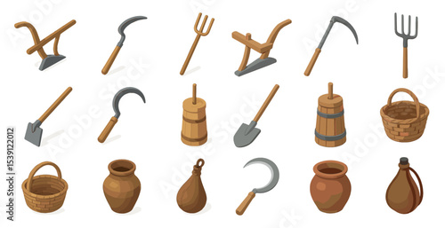 Vintage farm tools icons set - isometric, agricultural, rural equipment graphics