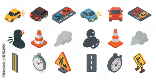 Traffic and road safety isometric icons set – warnings, transport, caution symbols