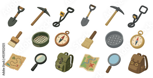 Archaeology and exploration icons set – isometric, flat, discovery and tools symbols