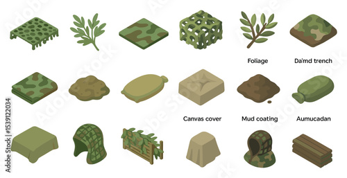 Military camouflage isometric icons set – defense, tactical, concealment designs