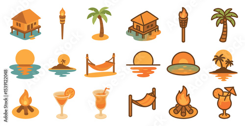 Beach and vacation isometric icons set – island, resort, tropical travel symbols