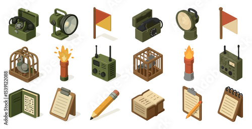 Camping equipment isometric icons set – hiking, outdoor, adventure gear symbols