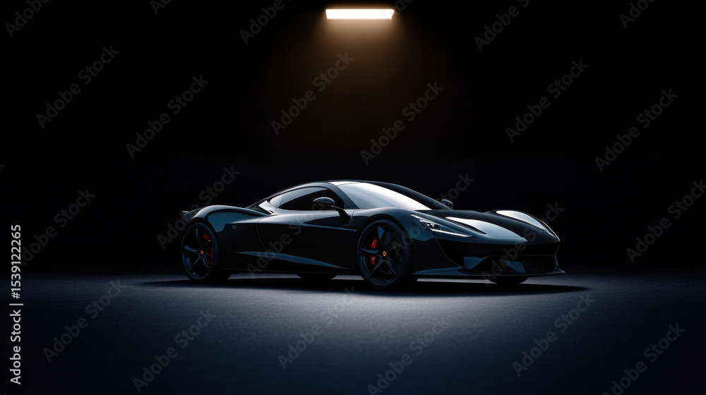 A striking black sports car stands under a spotlight in a dimly lit environment, highlighting its aerodynamic shape and bold features. The scene conveys elegance and performance A striking black sports car stands under a spotlight in a dimly lit environment, highlighting its aerodynamic shape and bold features. The scene conveys elegance and performance