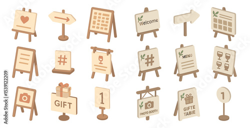 Event signage icons set – isometric, silhouette, wedding and party symbols