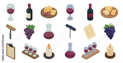 Wine tasting isometric icons set – grape, cheese, sommelier essentials